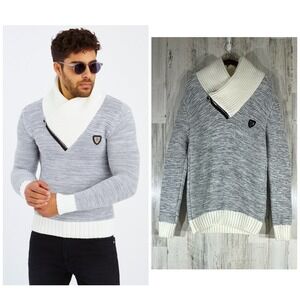 Leif Nelson Mens Sweater Large Gray Marl Cream Shawl Collar Zipper Accent Fitted